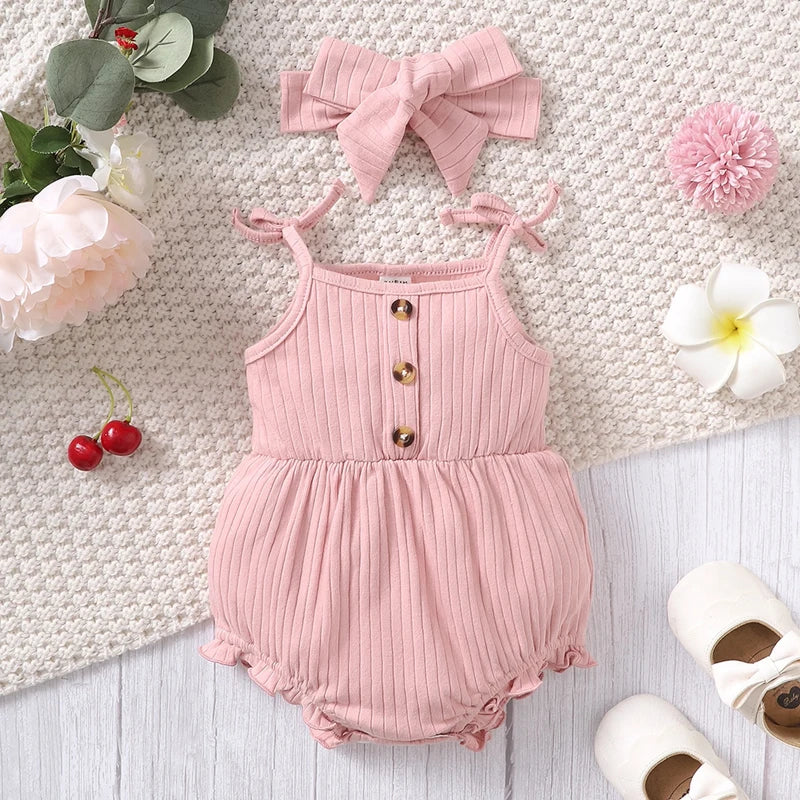 2PCS Pink Suspender Baby Girl Romper Set with Headband (0–9 Months)