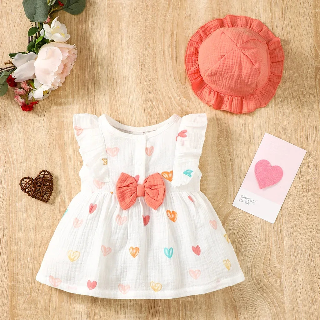 2PCS Baby Girl Dress Set – Love Print Sleeveless Dress with Hat (0–9 Months)