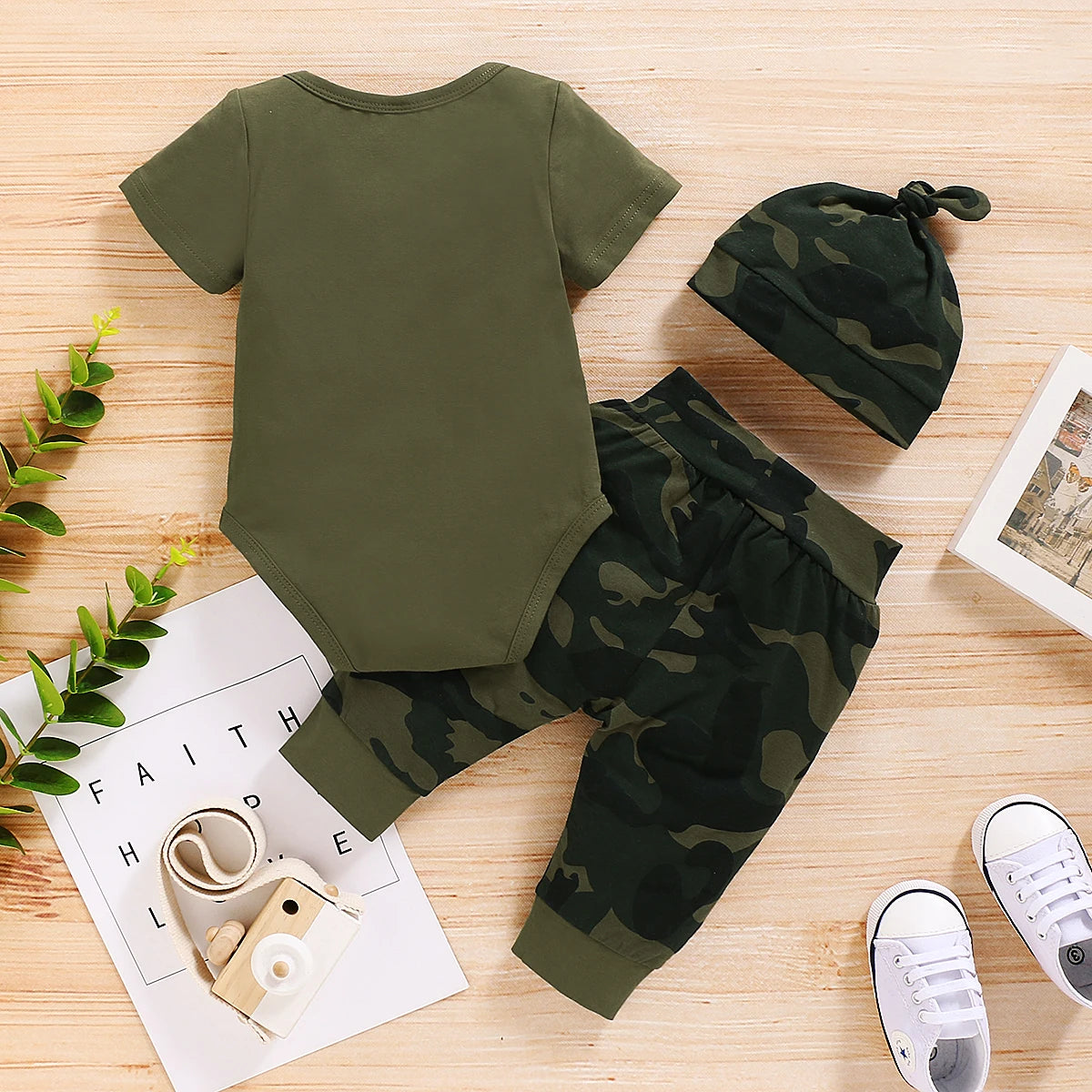 Baby Boy Summer Outfit Set – Letter Bodysuit + Camouflage Pants + Hat (0–18 Months)