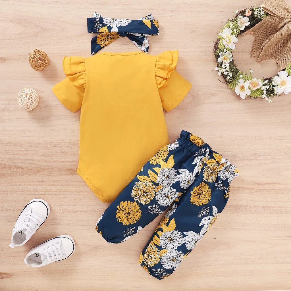 3PCS Baby Girl Summer Outfit – Floral Pants, Bodysuit & Headband Set for 0–18 Months