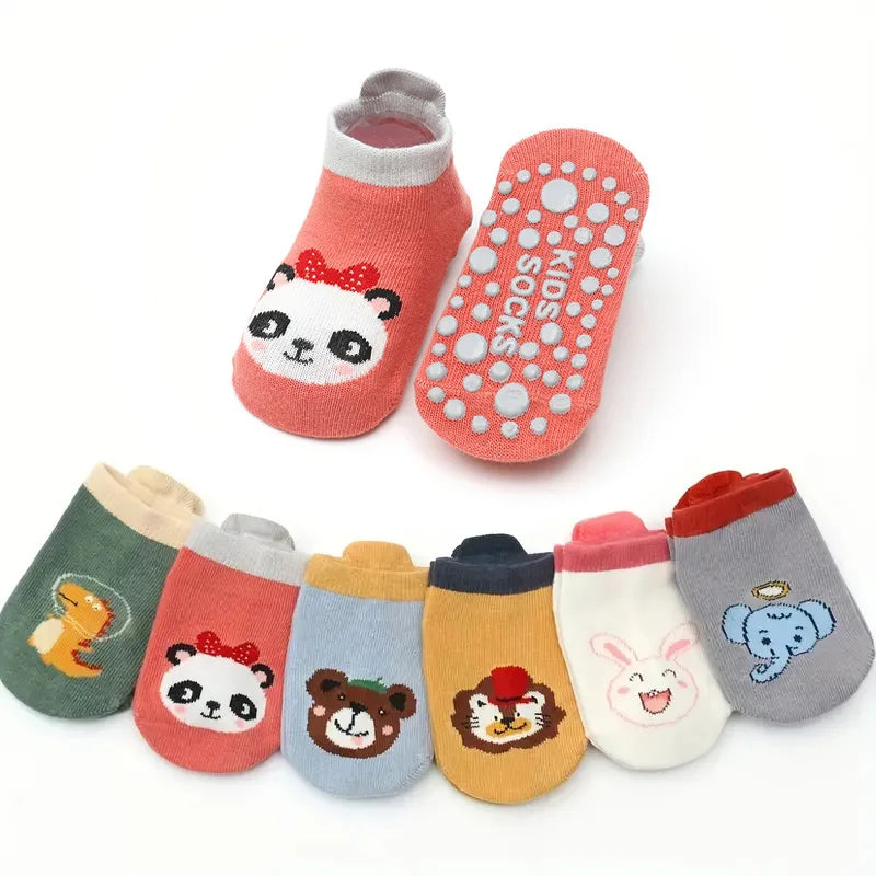 6 Pairs Cartoon Animal Baby Floor Socks – Breathable Cotton Non-Slip Grip Socks for Kids 0–6Y