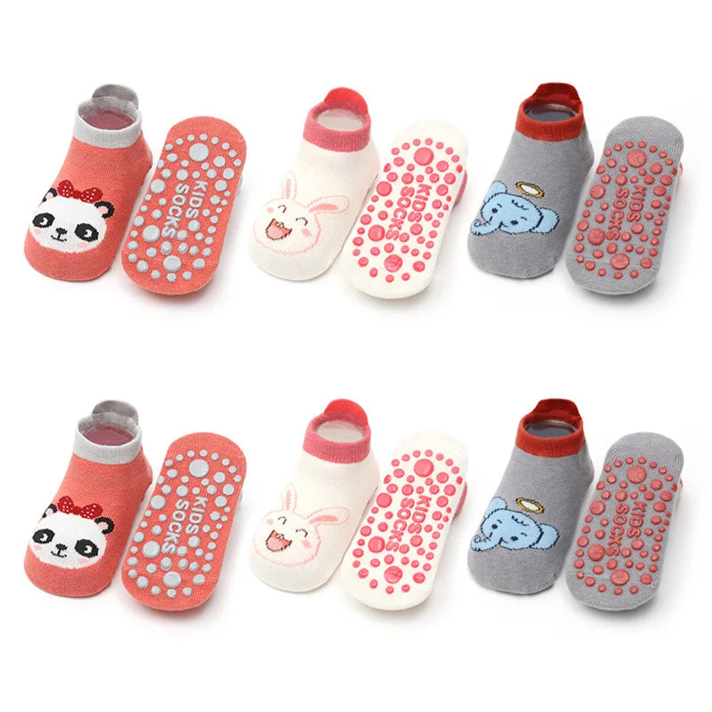 6 Pairs Cartoon Animal Baby Floor Socks – Breathable Cotton Non-Slip Grip Socks for Kids 0–6Y