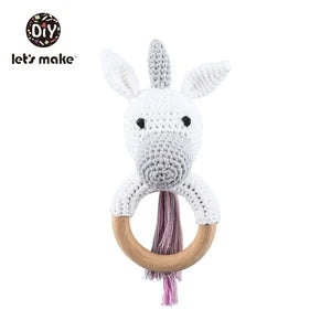 Baby Rattle – Crochet Animal Bear with Wooden Teether Ring | Soft Montessori Pram Toy for Newborns