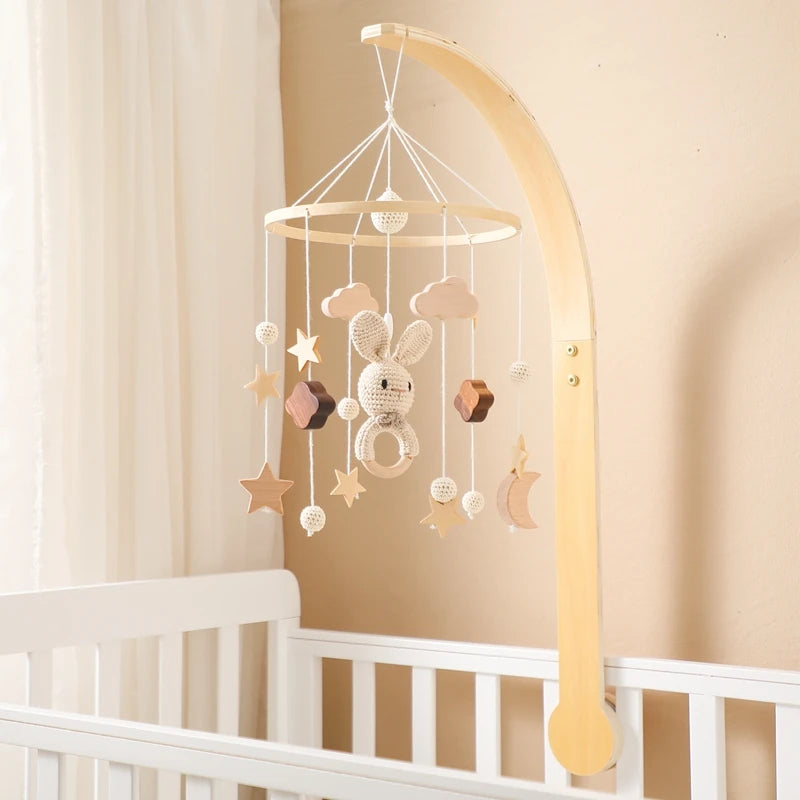 Baby Wooden Crib Mobile with Cartoon Rabbit Rattles | Bed Bell Toy & Arm Bracket for Newborns