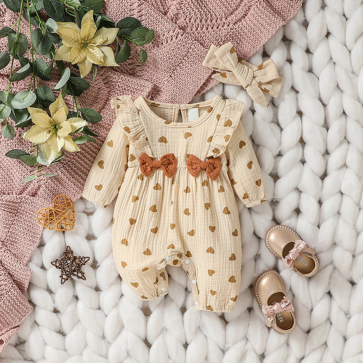 Floral Cotton Baby Jumpsuit with Bow and Headband – Long Sleeve All-Season Outfit for Girls