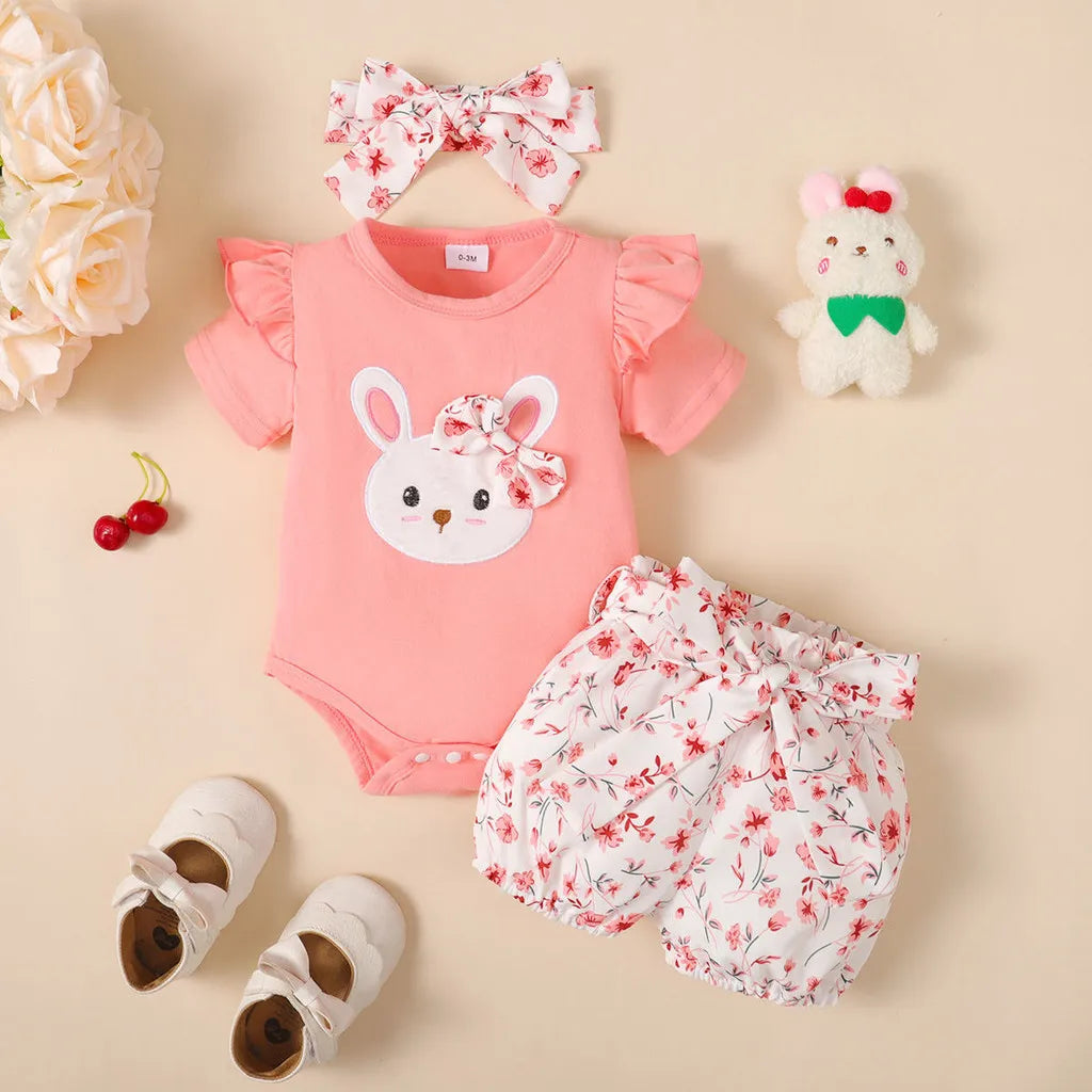 3PCS Baby Girl Summer Outfit – Rabbit Bodysuit, Floral Shorts & Headband (0–18 Months)