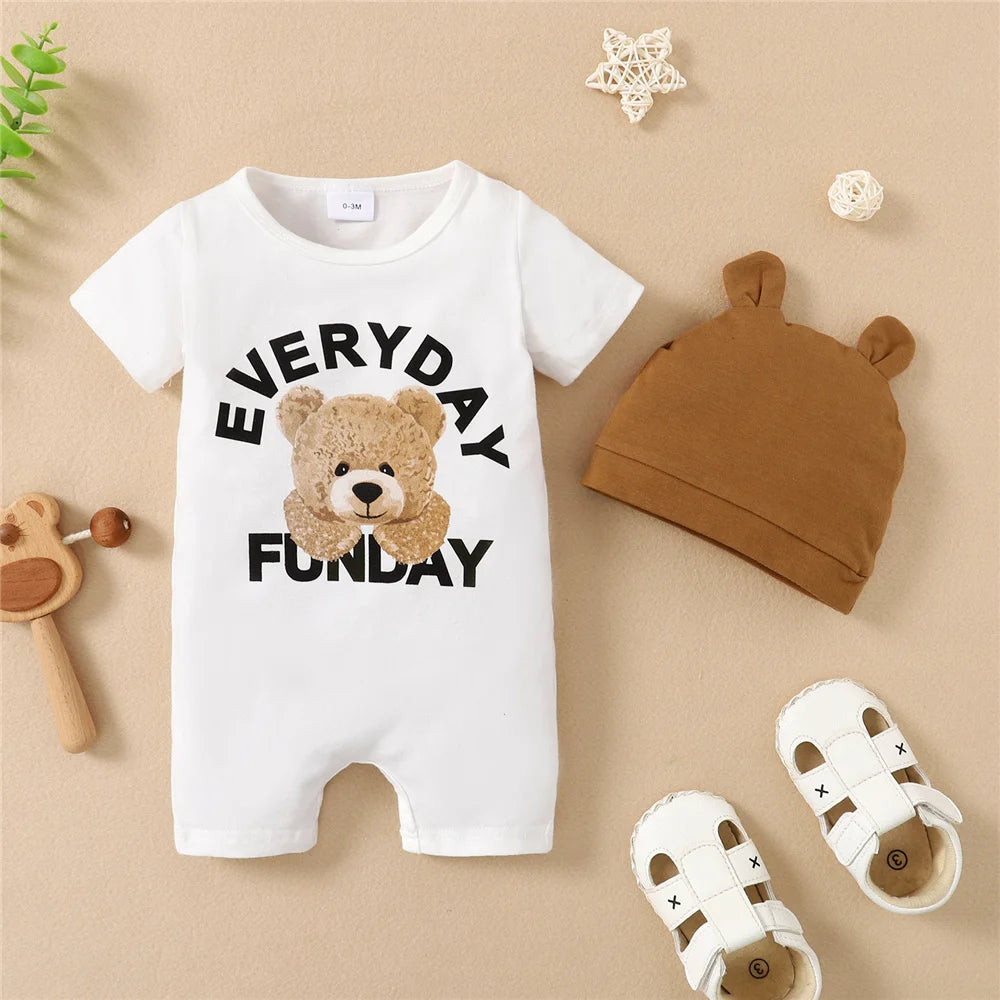 2PCS Baby Boy Panda Romper and Hat Set – Short Sleeve Summer Outfit 0–12 Months