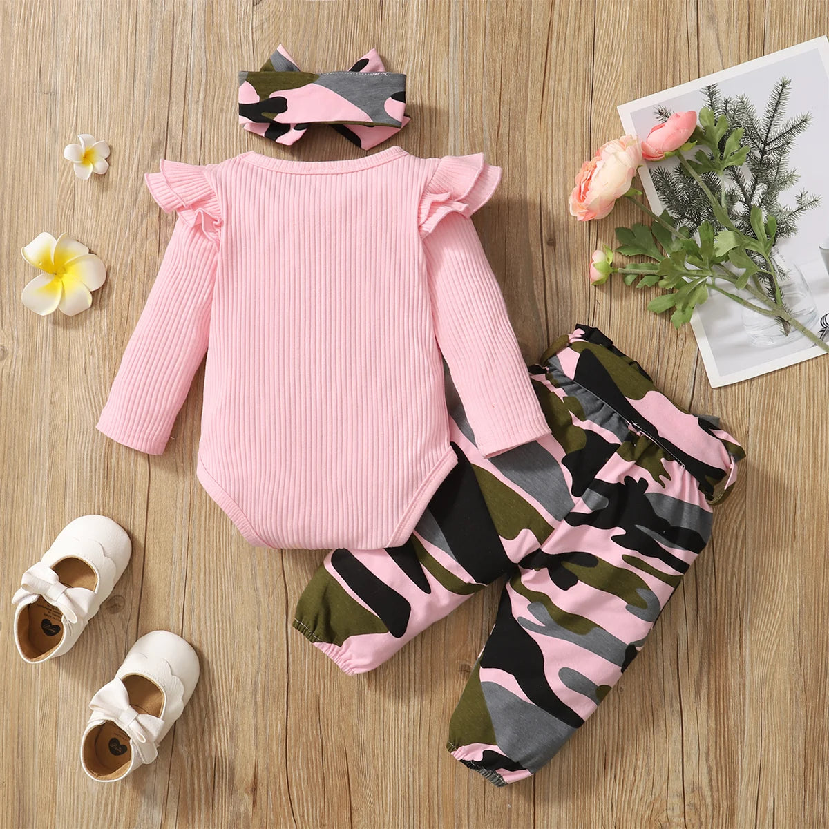 3PCS Camouflage Baby Girl Outfit with Bodysuit, Pants & Headband – 0–18 Months