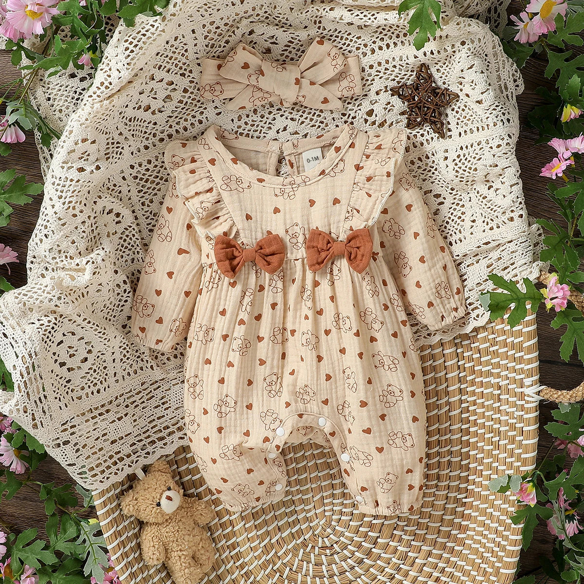 Floral Cotton Baby Jumpsuit with Bow and Headband – Long Sleeve All-Season Outfit for Girls