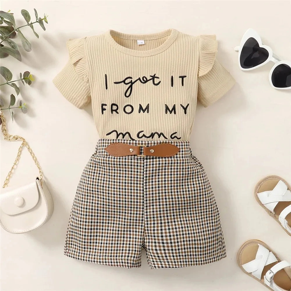 2PCS Summer Outfit for Toddler Girls – Letter Print Top and Checkered Shorts Set