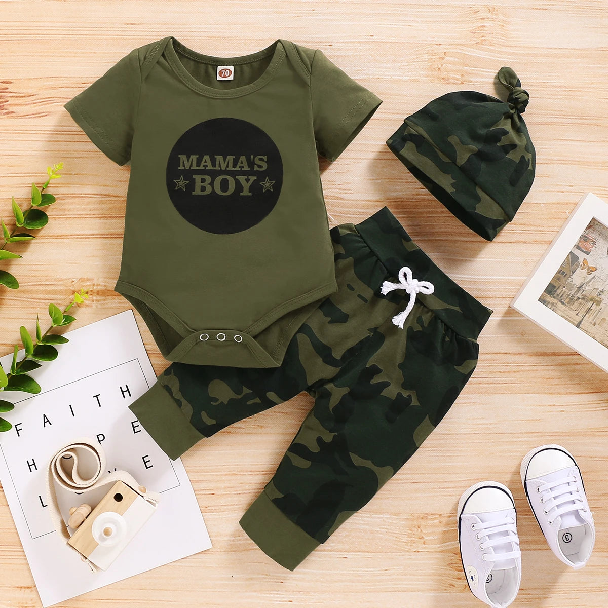 Baby Boy Summer Outfit Set – Letter Bodysuit + Camouflage Pants + Hat (0–18 Months)