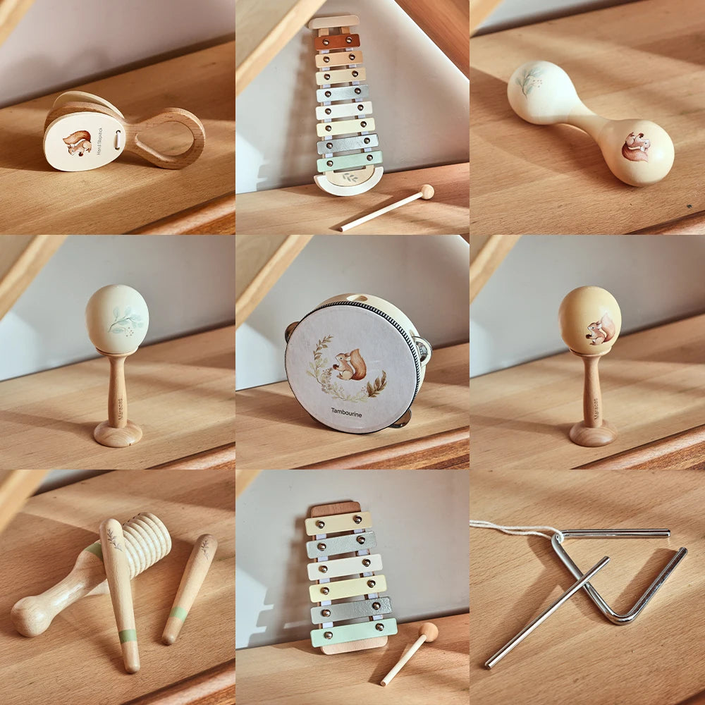 Montessori Musical Instruments Toy Set – Wooden Rattle, Drum, and Xylophone for Babies and Toddlers