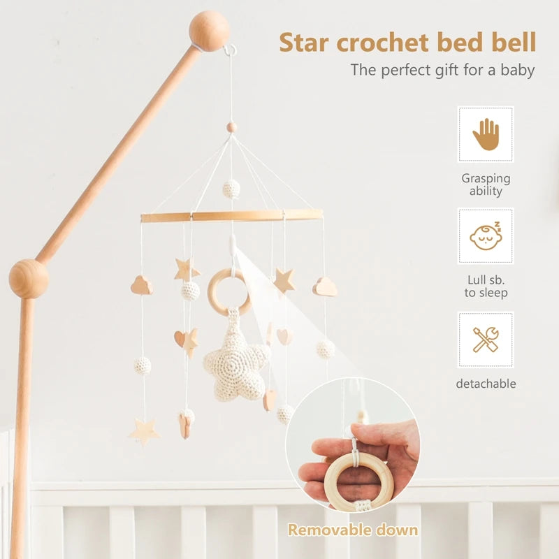 Wooden Crochet Star Baby Crib Mobile – Bed Bell Rattle Toy for Newborn Comfort and Sleep