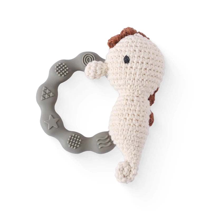 Baby Rattle – Crochet Animal Bear with Wooden Teether Ring | Soft Montessori Pram Toy for Newborns