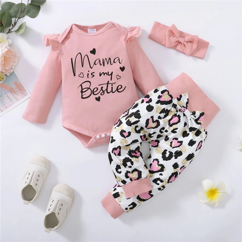 3PCS Mama Print Baby Girl Outfit – Long Sleeve Romper, Heart Pants & Headband Set