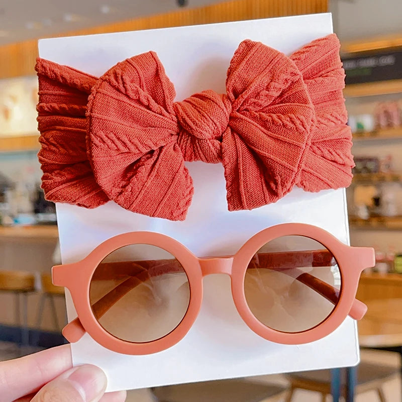 2-Piece Set: Baby Girl Round Sunglasses & Cotton Bowknot Hairband – Stylish Summer Accessory