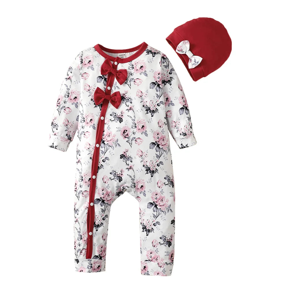 Baby Girl Floral Romper Set with Hat – Long Sleeve Jumpsuit Outfit (0–18 Months)