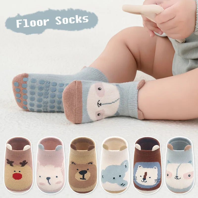 6 Pairs Cartoon Animal Baby Socks – Non-Slip Breathable Cotton Floor Socks for Boys & Girls 0–6Y