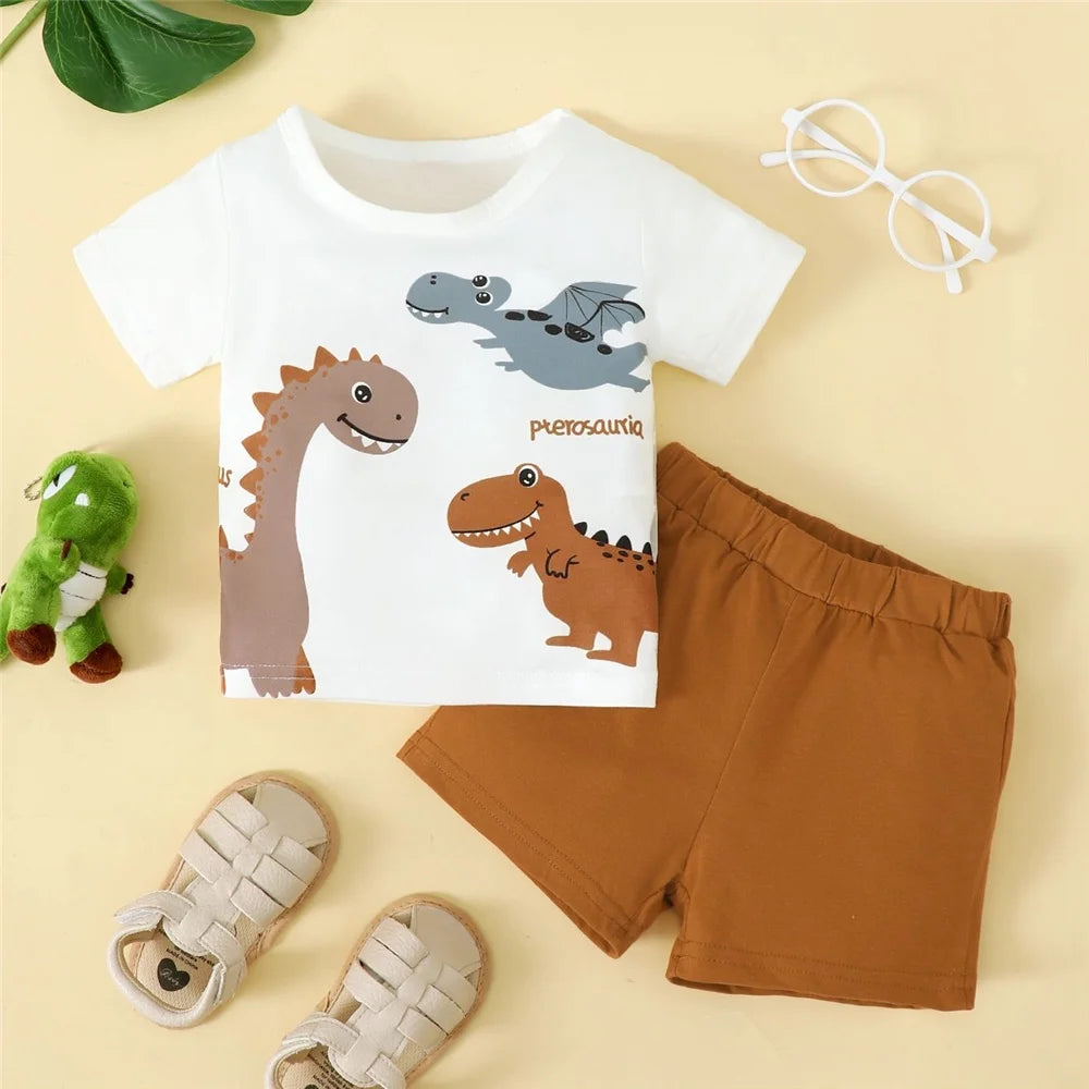 2PCS Baby Boy Dinosaur Summer Outfit with Short Sleeve Top and Shorts 0–3 Years