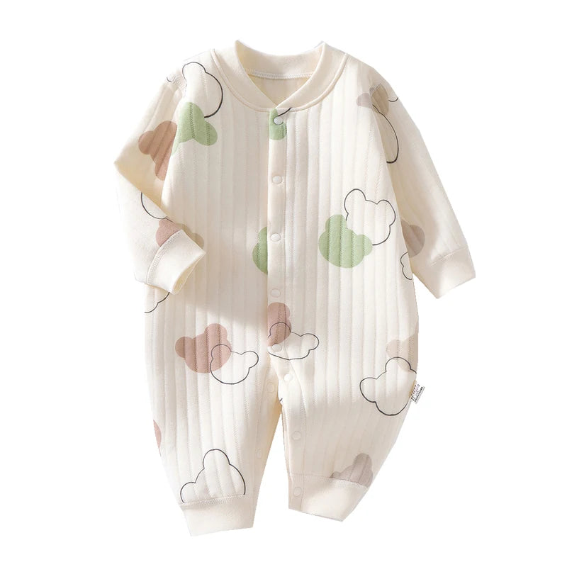 3-Layer Cotton Baby Romper – Cartoon Bear & Bunny Jumpsuit for Autumn/Winter
