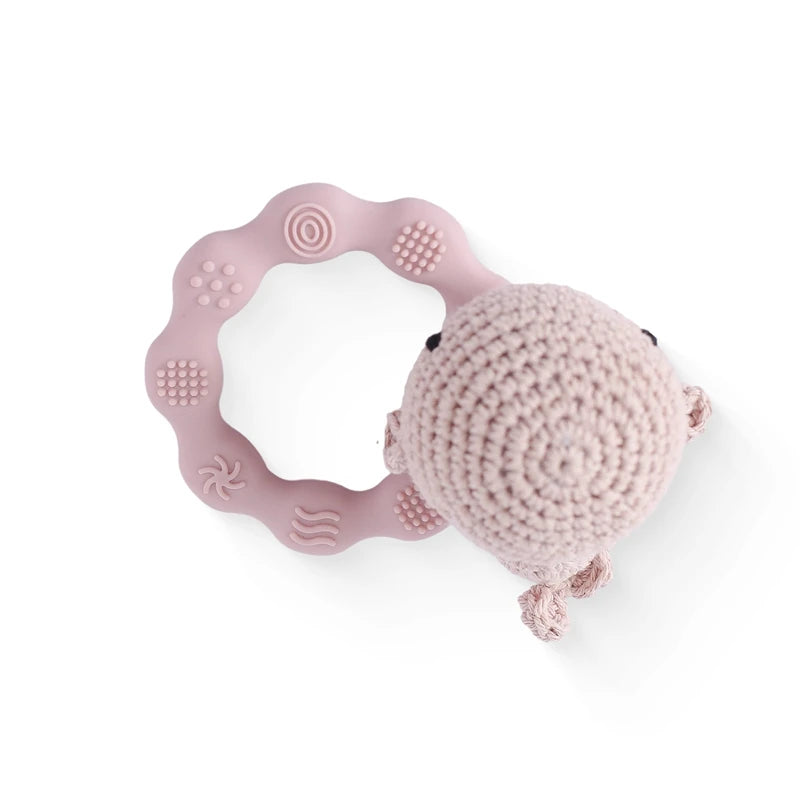 Baby Rattle – Crochet Animal Bear with Wooden Teether Ring | Soft Montessori Pram Toy for Newborns
