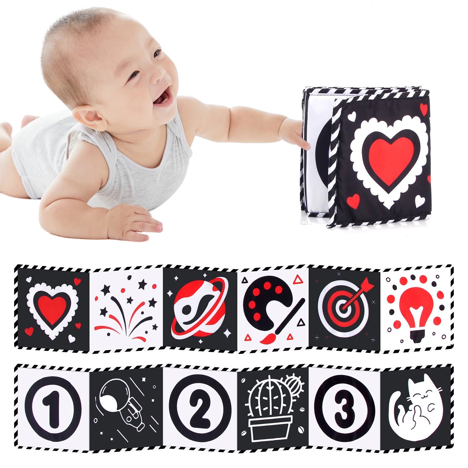 Baby Sensory Cloth Book – High Contrast Black & White Crib Toy for Newborns