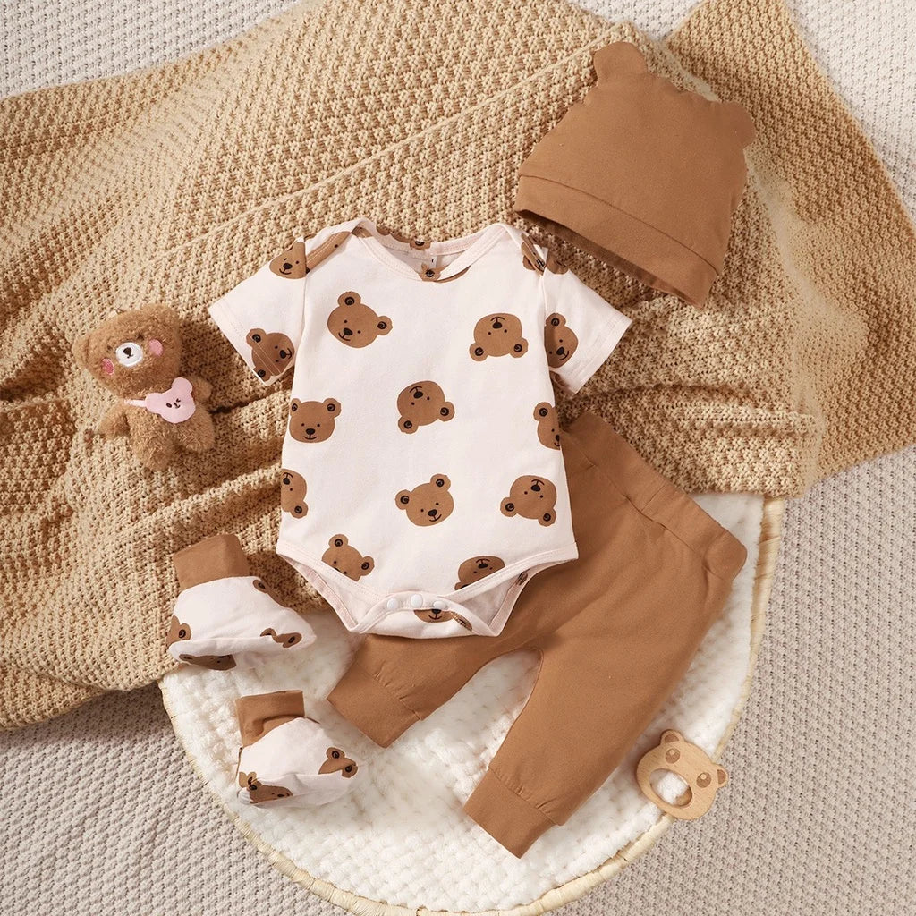 4PCS Bear Print Baby Boy Clothing Set with Bodysuit, Pants, Hat & Socks 0–9 Months