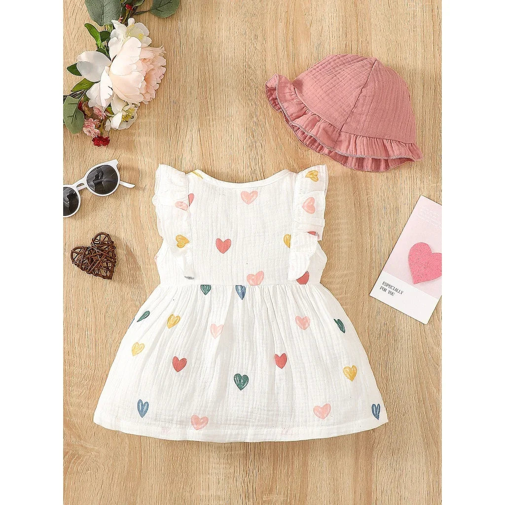 2PCS Baby Girl Dress Set – Love Print Sleeveless Dress with Hat (0–9 Months)