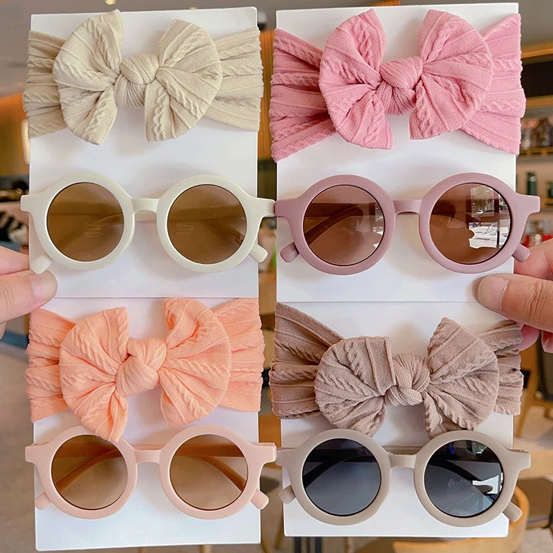 2-Piece Set: Baby Girl Round Sunglasses & Cotton Bowknot Hairband – Stylish Summer Accessory
