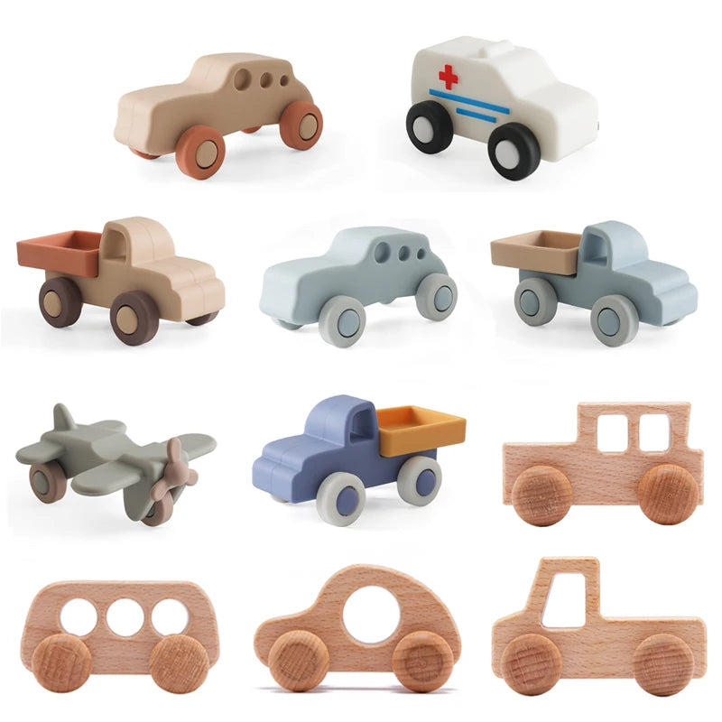 Montessori Silicone & Wooden Car Teether – BPA Free Baby Toy for Teething and Development