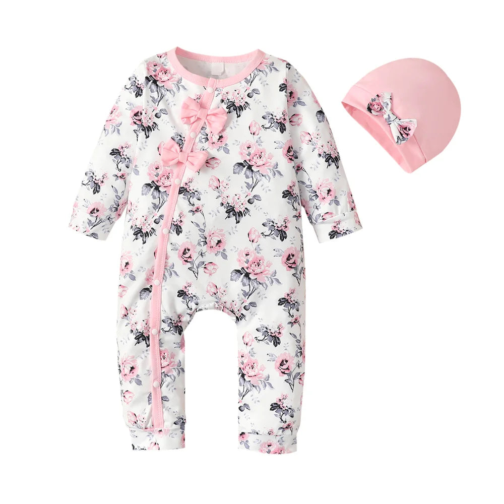 Baby Girl Floral Romper Set with Hat – Long Sleeve Jumpsuit Outfit (0–18 Months)