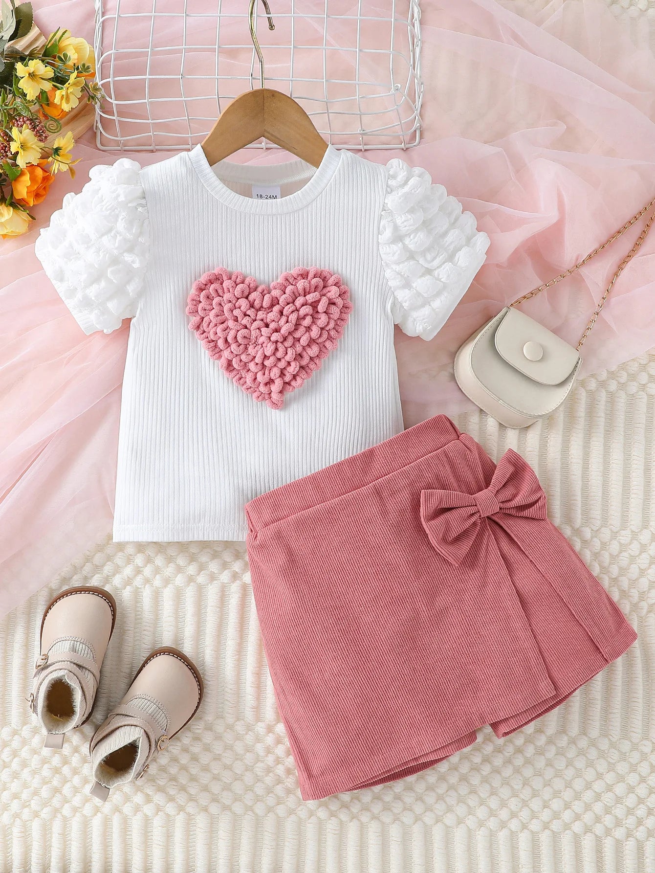 Toddler Girl Puff Sleeve Heart Top & Pink Shorts Set – Summer Outfit for 1–6 Years