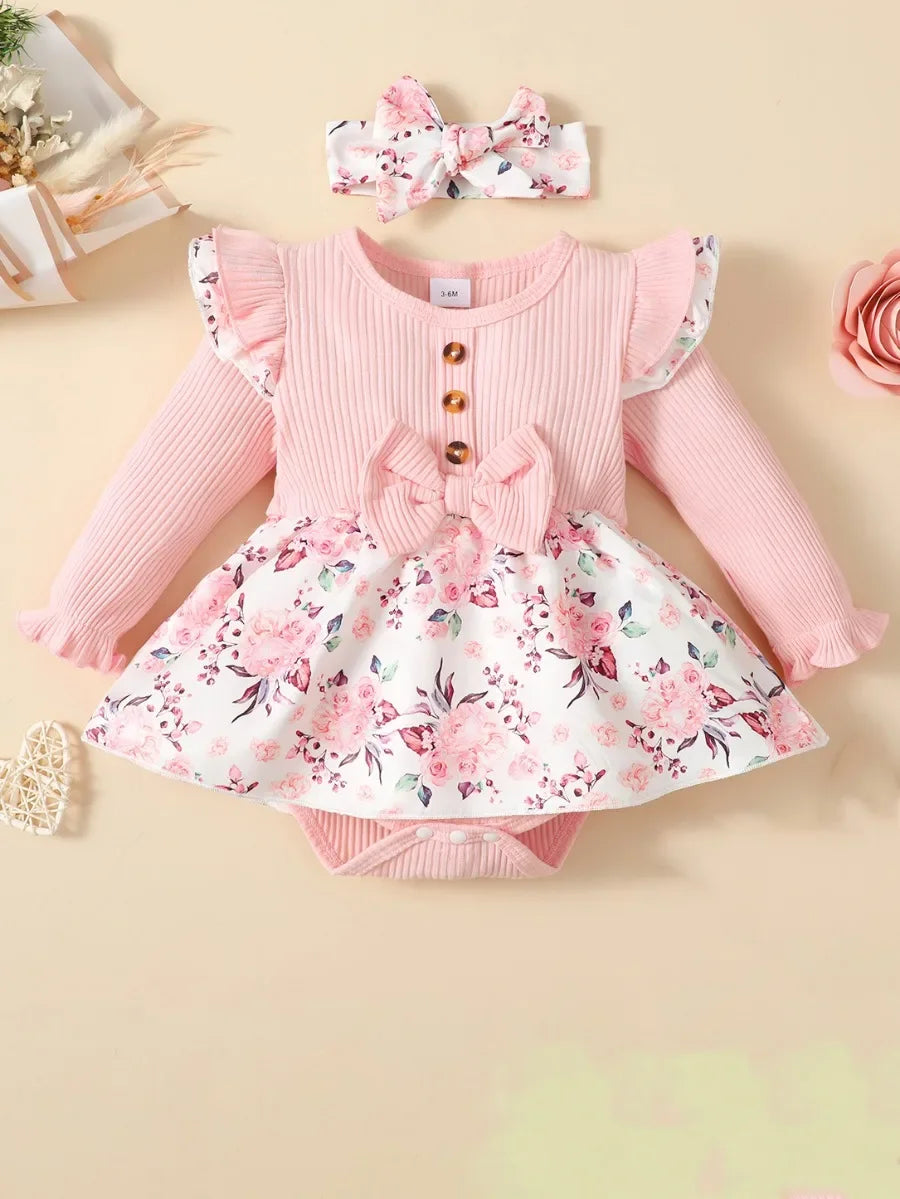 2PCS Baby Girl Ribbed Floral Romper Dress with Headband – 0–18 Months