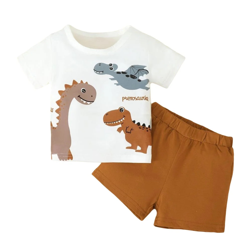 2PCS Baby Boy Dinosaur Summer Outfit with Short Sleeve Top and Shorts 0–3 Years