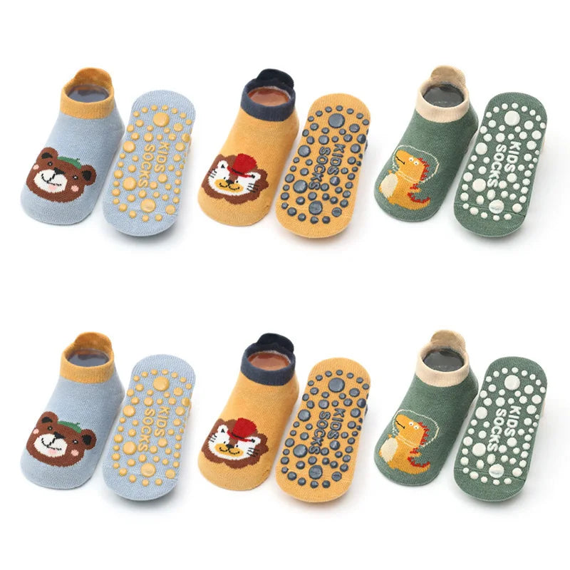 6 Pairs Cartoon Animal Baby Floor Socks – Breathable Cotton Non-Slip Grip Socks for Kids 0–6Y