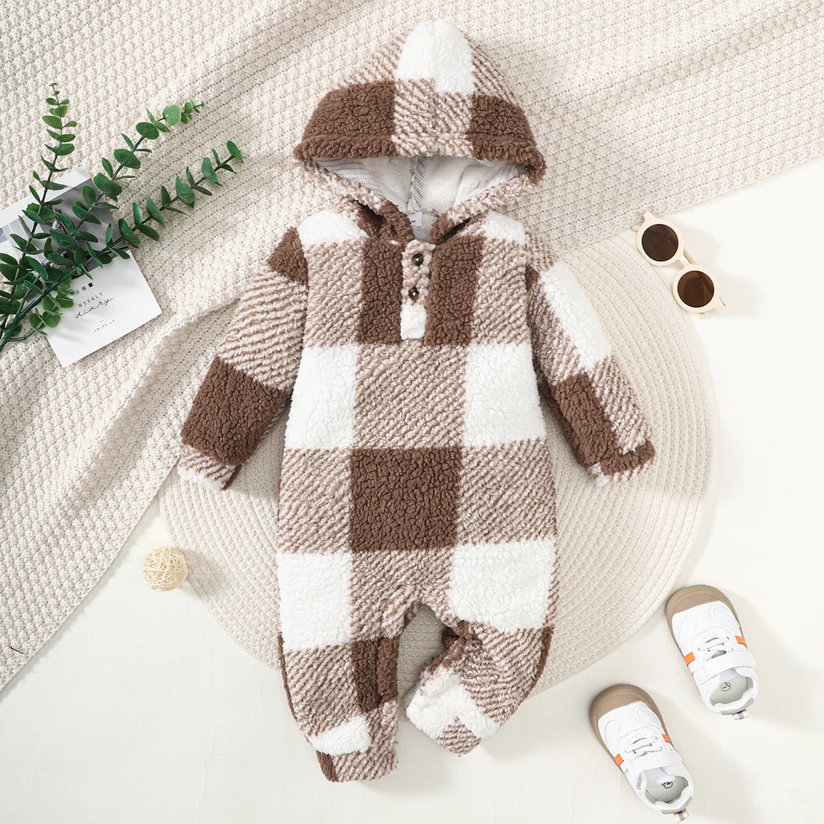 Baby Plaid Hooded Romper – Warm Winter Jumpsuit for Boys & Girls (3–24 Months)