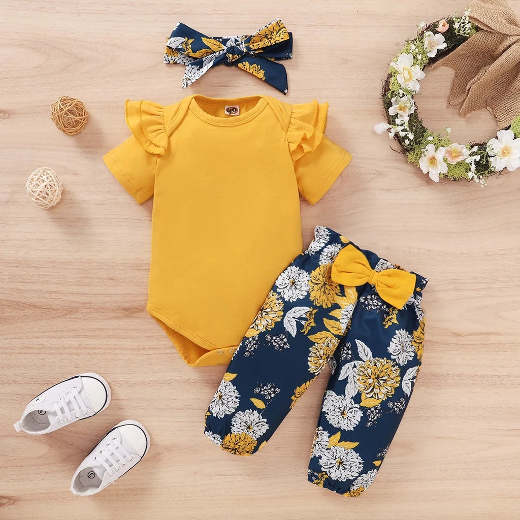 3PCS Baby Girl Summer Outfit – Floral Pants, Bodysuit & Headband Set for 0–18 Months
