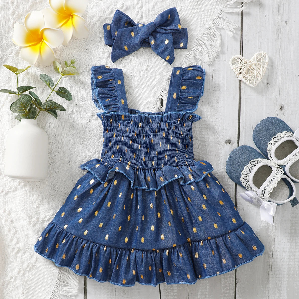 Baby Girl Blue Dress with Golden Dots & Headband – 2PCS Summer Party Outfit (3–24M)
