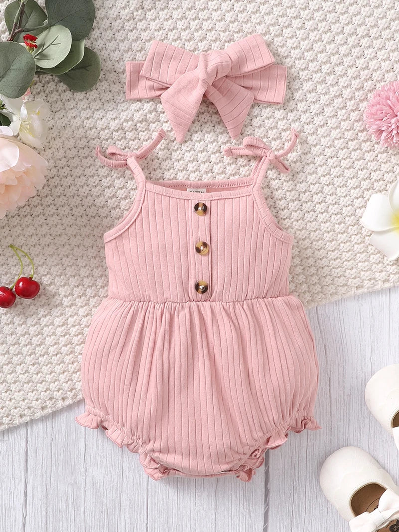 2PCS Pink Suspender Baby Girl Romper Set with Headband (0–9 Months)