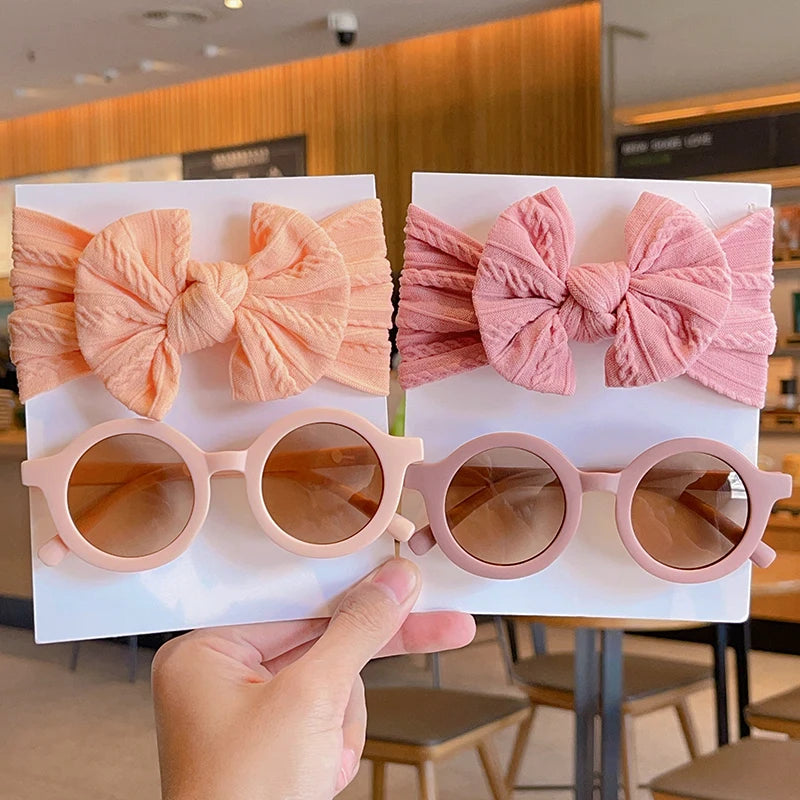 2-Piece Set: Baby Girl Round Sunglasses & Cotton Bowknot Hairband – Stylish Summer Accessory