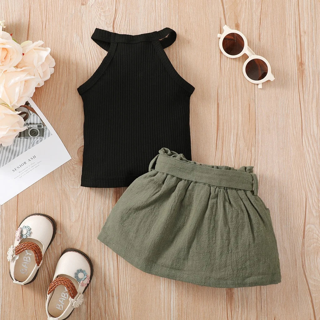 2PCS Ribbed Halter Top & Skirt Summer Outfit for Baby Girls – 3–24 Months