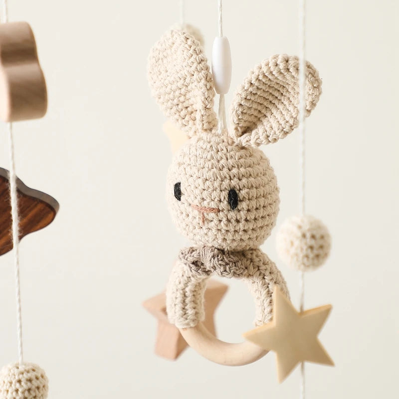 Baby Wooden Crib Mobile with Cartoon Rabbit Rattles | Bed Bell Toy & Arm Bracket for Newborns