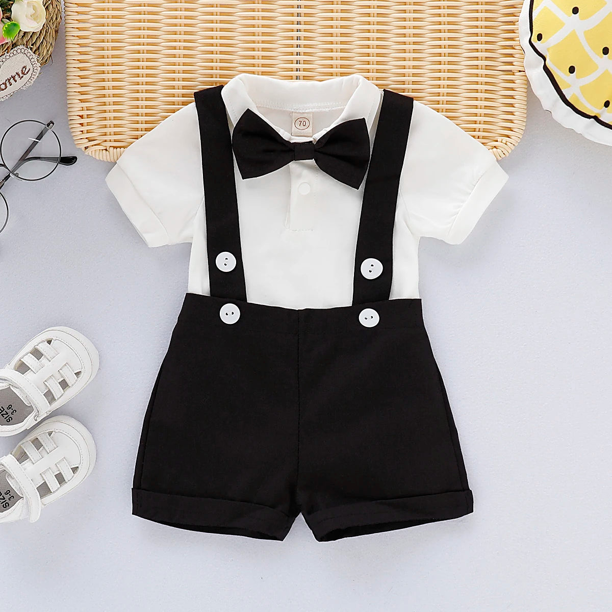 Mini Gentleman Baby Boy Outfit – Summer Formal Shirt & Shorts Set with Bowtie (0–1Y)