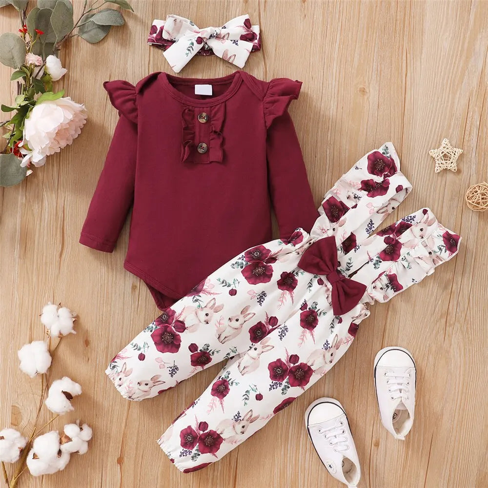 Baby Girl 3PCS Outfit – Floral Romper, Strap Pants & Headband Set (0–24M)