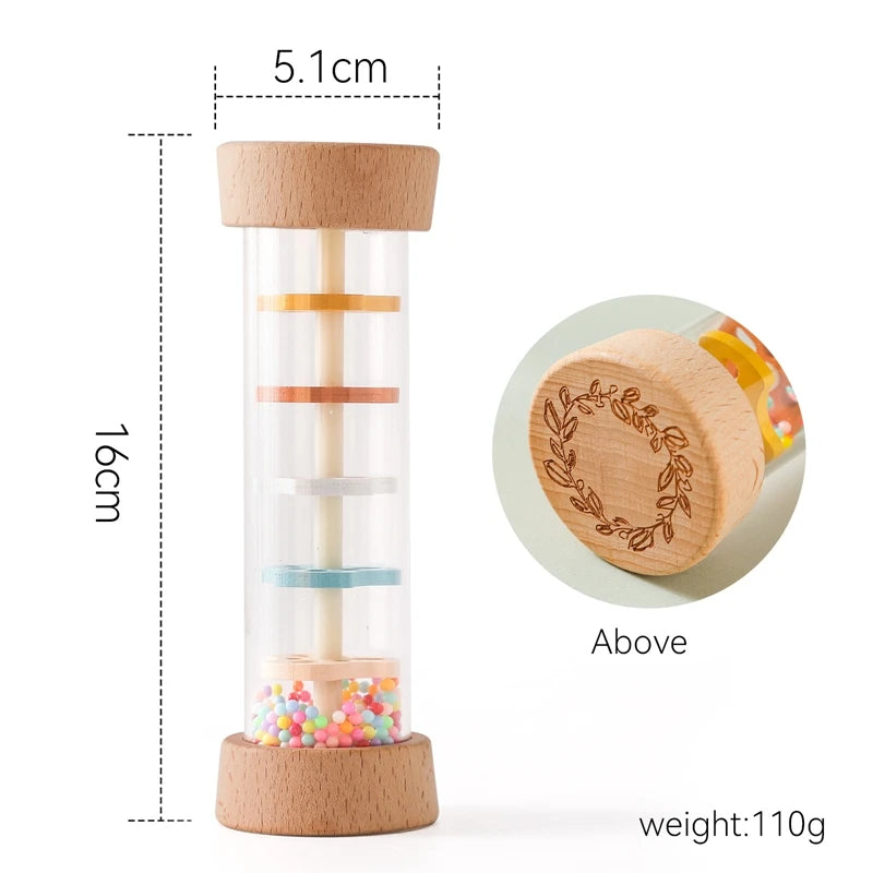 Montessori Wooden Baby Rain Stick – Colourful Sensory Rattle Toy