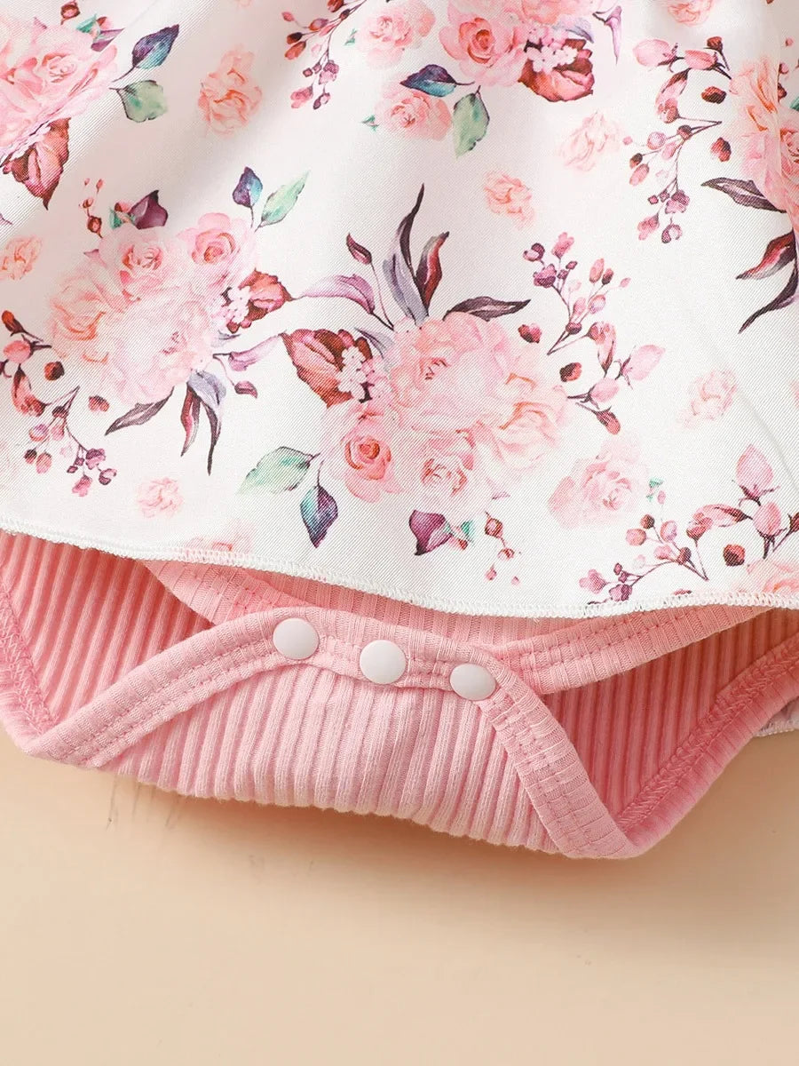 2PCS Baby Girl Ribbed Floral Romper Dress with Headband – 0–18 Months