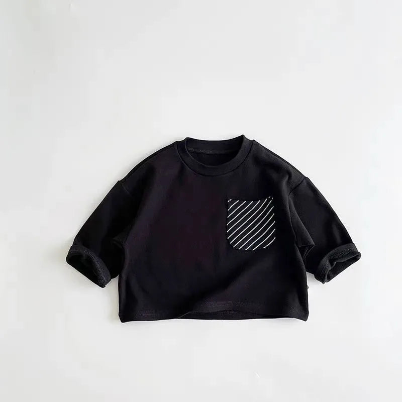 Child Long Sleeve T-Shirt – Korean Style Loose Fit Striped Crewneck for Boys & Girls