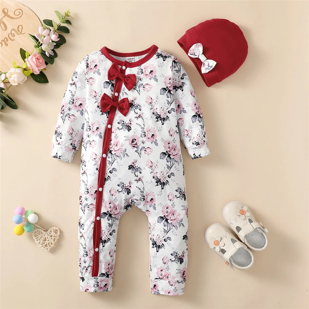 Baby Girl Floral Romper Set with Hat – Long Sleeve Jumpsuit Outfit (0–18 Months)