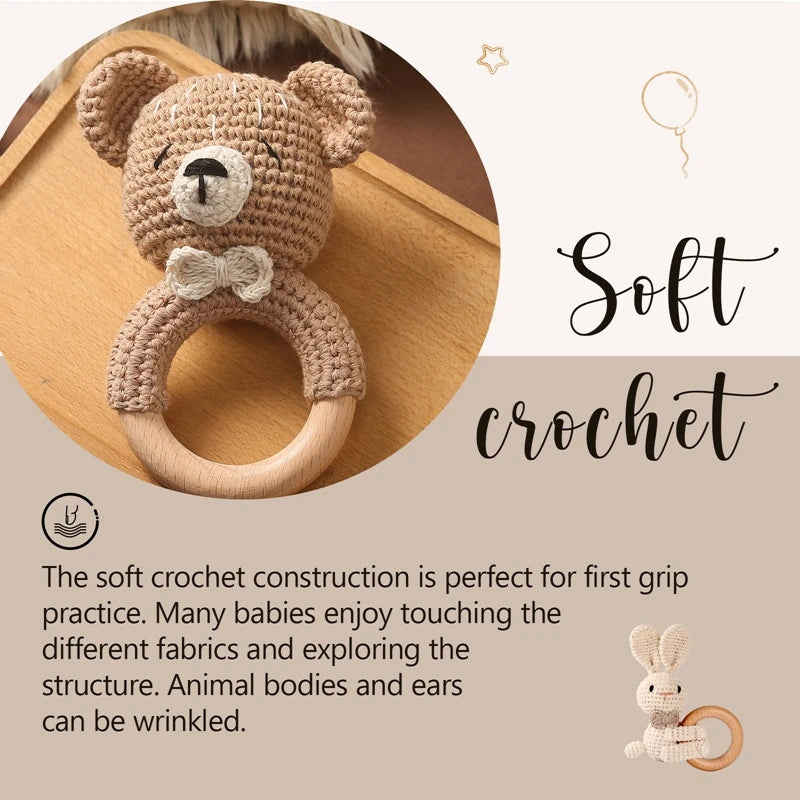 Baby Rattle – Crochet Animal Bear with Wooden Teether Ring | Soft Montessori Pram Toy for Newborns