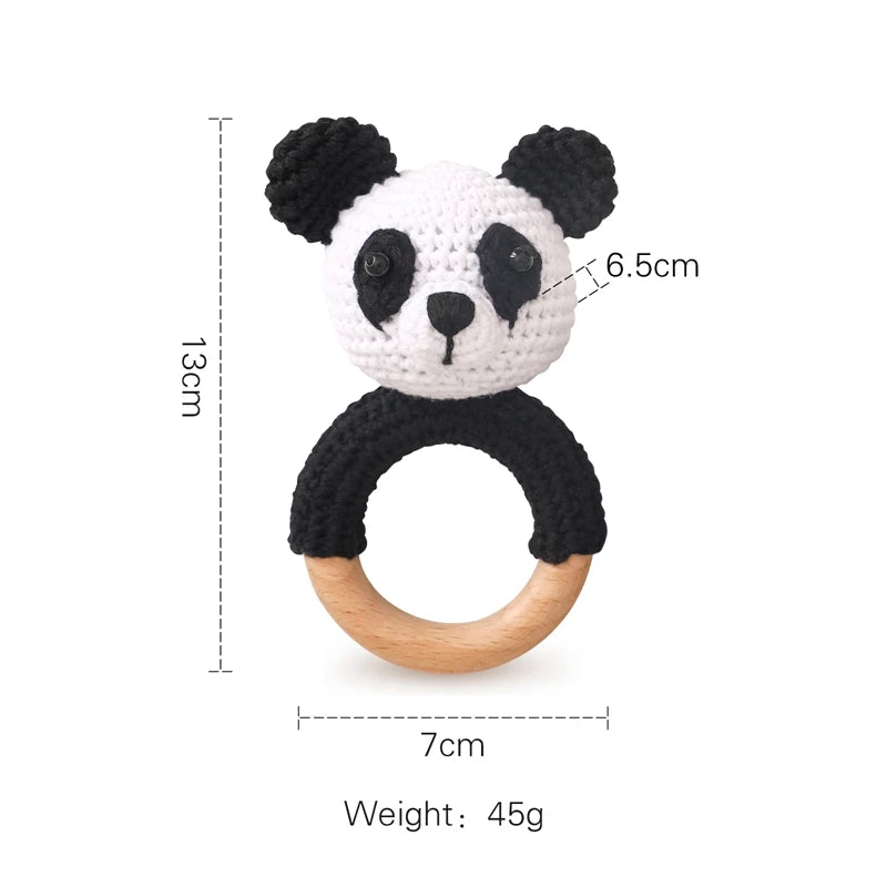 Baby Rattle – Crochet Animal Bear with Wooden Teether Ring | Soft Montessori Pram Toy for Newborns